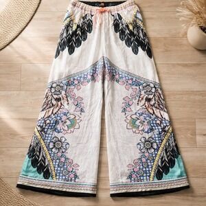Peachpuff Womens Medium Wide Leg Boho Feather Southwest Print Smocked Pants NWT